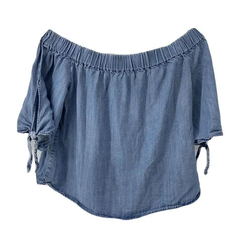 Chambray Off The Shoulder Tie Short Sleeves Blouse